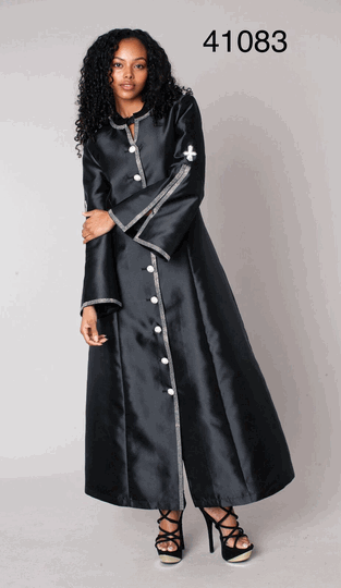 Tally Taylor <br> (2026) <br> TT41083-Bl <br> <br> Black <br> 6 8 10 12 14 16 18 <br> 16w 18w 20w 22w 24w 26w<BR><BR>Rhinestone Trim Cross Clergy Robe Rhinestone Trim, Button-front Closure w/Embroidered Cross Sleeve Accents, Full-length A-line Silhouette & Flared Sleeves