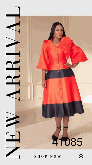 Tally Taylor <br> (2026) <br> TT41085 <br> <br> Orange/Black <br> 6 8 10 12 14 16 18 20<BR><BR>Colorblock Midi Dress w/Shoulder Bow, Button-front Design & Flared Skirt