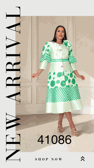 Tally Taylor <br> (2026) <br> TT41086 <br> <br> Green <br> 8 10 12 14 16 18 20<BR><BR>Polka Dot Stripe Bow Detail Midi Dress w/Shoulder Bow, Button-front Design & Flared Hem