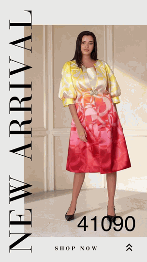 Tally Taylor <br> (2026) <br> TT41090 <br> <br> Yellow <br> 6 8 10 12 14 16 18 20<BR><BR>Ombre Abstract Print Jacket Dress Set w/Puff Sleeves & A-line Silhouette