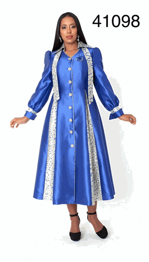 Tally Taylor <br> (2026) <br> TT41098-Ro <br> <br> Royal <br> 6 8 10 12 14 16 18 <br> 16w 18w 20w 22w 24w 26w<BR><BR>Contrast Panel Clergy Robe Dress w/Contrast Printed Panels, Button-front Closure & A-line Silhouette