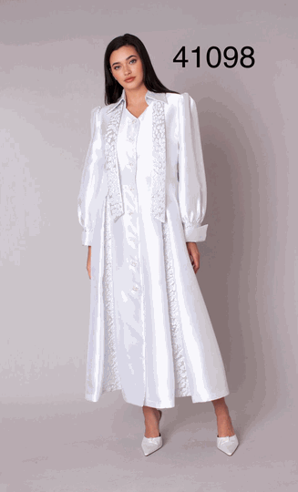 Tally Taylor <br> (2026) <br> TT41098-Wh <br> <br> White <br> 6 8 10 12 14 16 18 <br> 16w 18w 20w 22w 24w 26w<BR><BR>Contrast Panel Clergy Robe Dress w/Contrast Printed Panels, Button-front Closure & A-line Silhouette