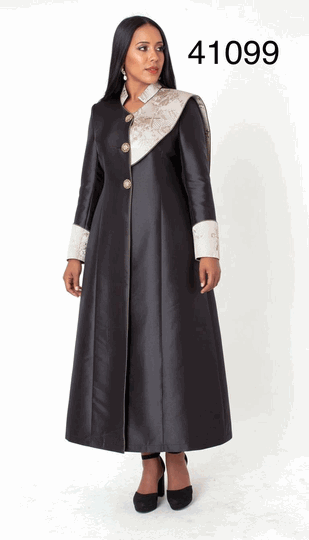 Tally Taylor <br> (2026) <br> TT41099-Bl <br> <br> Black <br> 6 8 10 12 14 16 18 <br> 16w 18w 20w 22w 24w 26w<BR><BR>Jacquard Panel Clergy Robe w/Jacquard Contrast Panels, Gold Button Detailing & Structured Shoulder Overlay