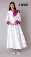 Tally Taylor <br> (2026) <br> TT41099-Wh <br> <br> White <br> 6 8 10 12 14 16 18 <br> 16w 18w 20w 22w 24w 26w<BR><BR>Jacquard Panel Clergy Robe w/Jacquard Contrast Panels, Gold Button Detailing & Structured Shoulder Overlay