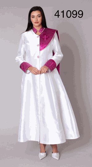 Tally Taylor <br> (2026) <br> TT41099-Wh <br> <br> White <br> 6 8 10 12 14 16 18 <br> 16w 18w 20w 22w 24w 26w<BR><BR>Jacquard Panel Clergy Robe w/Jacquard Contrast Panels, Gold Button Detailing & Structured Shoulder Overlay