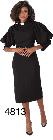 Tally Taylor <br> (2026) <br> TT4813-Bl <br> <br> Black  <br> 8 10 12 14 16 18 <br> 16w 18w 20w 22w 24w 26w<BR><BR>Clergy Dress with Puff Sleeves and Classic Collar