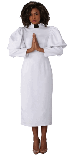 Tally Taylor <br> (2026) <br> TT4813-Wh <br> <br> White <br> 8 10 12 14 16 18 <br> 16w 18w 20w 22w 24w 26w<BR><BR>Clergy Dress with Puff Sleeves and Classic Collar