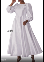 Tally Taylor <br> (2026) <br> TT4820 <br> <br> White <br> 8 10 12 14 16 18 <br> 16w 18w 20w 22w 24w 26w<BR><BR>Elegant Long Dress with Bishop Sleeves w/Brooch