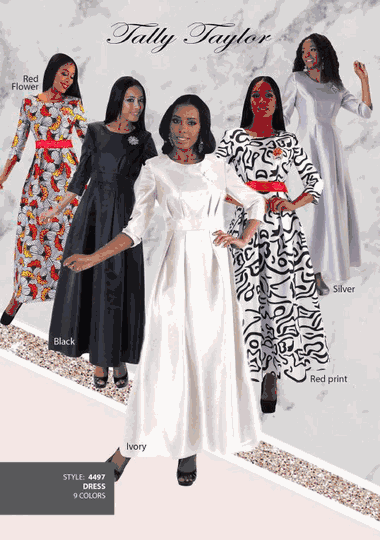 Tally Taylor <br> (In Stock Year Round) <br> TT4497b <br> <br> RED/YELLOW-FLORAL  <br>  BLACK  <br>   IVORY  <br>   SILVER <br> 8 10 12 14 16 18 <br> 16w 18w 20w 22w 24w 26w<BR><BR>1 Pc. Long Dress w/Rhinestone Brooch