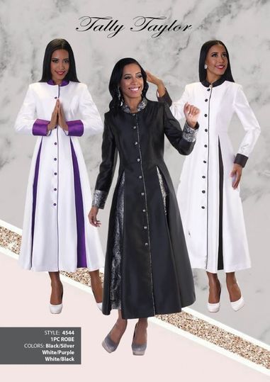 Tally Taylor <br> (In Stock Year Round) <br> TT4544 <br> <br>  BLACK/GOLD <BR> BLACK/SILVER <BR> WHITE/BLACK  <br>  WHITE/PURPLE <br> 6 8 10 12 14 16 18 <br>  16w 18w 20w 22w 24w 26w<BR><BR>1 pc.Robe w/Rhinestone Buttons, Unique Two Tone Pleated Design