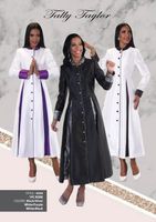 Tally Taylor <br> (In Stock Year Round) <br> TT4544 <br> <br>  BLACK/GOLD <BR> BLACK/SILVER <BR> WHITE/BLACK  <br>  WHITE/PURPLE <br> 6 8 10 12 14 16 18 <br>  16w 18w 20w 22w 24w 26w<BR><BR>1 pc.Robe w/Rhinestone Buttons, Unique Two Tone Pleated Design