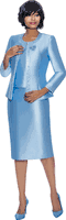 Terramina <br> (Spring 2026) <br> T7637-BL <br> <br> Blue <br> 8 10 12 14 16 18 20 22 24 <br> 3 Piece Skirt Suit with Rhinestone Embellishment on Jacket & Rhinestone Brooch