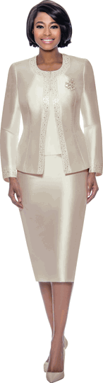 Terramina <br> (Year Round) <br> T7637-CH <br> <br> Champagne <br> 8 10 12 14 16 18 20 22 24 <br> 3 Piece Skirt Suit with Rhinestone Embellishment on Jacket & Rhinestone Brooch