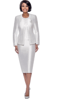 Terramina <br> (Year Round) <br> T7637-WH <br> <br> White <br> 8 10 12 14 16 18 20 22 24 <br> 3 Piece Skirt Suit with Rhinestone Embellishment on Jacket & Rhinestone Brooch