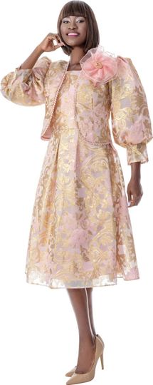 Terramina <br> (Spring 2026) <br> T7011 <br> <br> Pink  <br>  Orange <br> 8 10 12 14 16 18 20 22 <br> 2 Piece Jacket & Dress Rhinestone flower brooch & puff sleeves