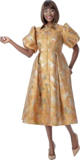 Terramina <br> (Spring 2026) <br> T7019 <br> <br> Gold <br> 8 10 12 14 16 18 20 22 <br> 1 Piece Dress short puff sleeves with big pleats skirt & front zipper closure