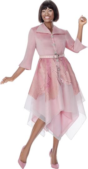 Terramina <br> (Spring 2026) <br> T7035 <br> <br> Rose <br> 8 10 12 14 16 18 20 22 <br> 1 Piece Dress 3/4 sleeves & flat wide collar with a layered hankerchief hem & jeweled buttons