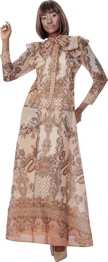 Terramina <br> (Spring 2026) <br> T7037 <br> <br> Print <br> 8 10 12 14 16 18 20 22 <br> 2 Piece Skirt Suit with ruffle shoulder trims & necktie on flared midi skirt