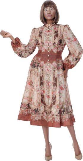 Terramina <br> (Spring 2026) <br> T7038 <br> <br> Print <br> 8 10 12 14 16 18 20 22 <br> 1 Piece Dress Bishop Sleeves & Collar with rhinestone buttons trim