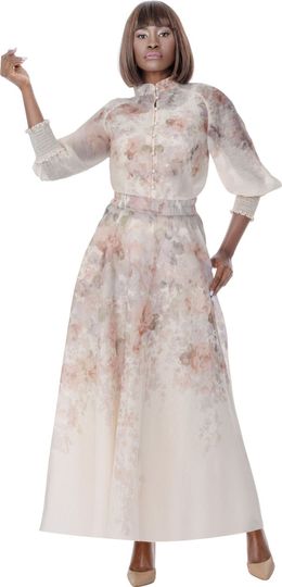 Terramina <br> (Spring 2026) <br> T7041 <br> <br> Print <br> 8 10 12 14 16 18 20 22 <br> 2 Piece Jacket & Dress print design with 2/3 Length puff cuffed sleeves & sheer top with button front & high neck
