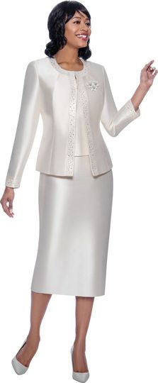 Terramina <br> (Spring 2026) <br> T7637-CR <br> <br> Cream <br> 8 10 12 14 16 18 20 22 24 <br> 3 Piece Skirt Suit with Rhinestone Embellishment on Jacket & Rhinestone Brooch