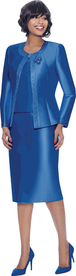 Terramina <br> (Year Round) <br> T7637-RO <br> <br> Royal <br> 8 10 12 14 16 18 20 22 24 <br> 3 Piece Skirt Suit with Rhinestone Embellishment on Jacket & Rhinestone Brooch