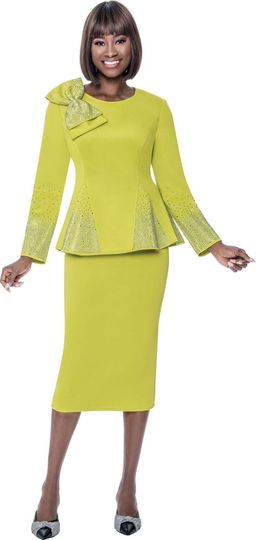 Terramina <br> (Spring 2026) <br> T7108-LI <br> <br> Lime  <br> 8 10 12 14 16 18 20 22 <br> 2 Piece Skirt Suit in Scuba fabric with� Bow Accent & Rhinestones in Peplum Style