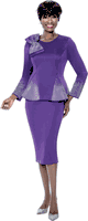 Terramina <br> (Spring 2026) <br> T7108-PU <br> <br> Purple <br> 8 10 12 14 16 18 20 22 <br> 2 Piece Skirt Suit in Scuba fabric with� Bow Accent & Rhinestones in Peplum Style