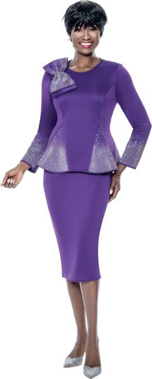 Terramina <br> (Spring 2026) <br> T7108-PU <br> <br> Purple <br> 8 10 12 14 16 18 20 22 <br> 2 Piece Skirt Suit in Scuba fabric with� Bow Accent & Rhinestones in Peplum Style