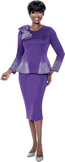 Terramina <br> (Year Round) <br> T7108-PU <br> <br> Purple <br> 8 10 12 14 16 18 20 22 <br> 2 Piece Skirt Suit in Scuba fabric with� Bow Accent & Rhinestones in Peplum Style