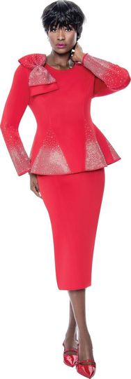 Terramina <br> (Spring 2026) <br> T7108-RE <br> <br> Red <br> 8 10 12 14 16 18 20 22 <br> 2 Piece Skirt Suit in Scuba fabric with� Bow Accent & Rhinestones in Peplum Style