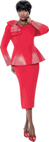 Terramina <br> (Year Round) <br> T7108-RE <br> <br> Red <br> 8 10 12 14 16 18 20 22 <br> 2 Piece Skirt Suit in Scuba fabric with� Bow Accent & Rhinestones in Peplum Style