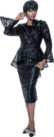 Terramina <br> (Spring 2026) <br> T7184-BL <br> <br> Black <br> 8 10 12 14 16 18 20 22 24 <br> 3 Piece Skirt Suit Lace with 3D Brooch & Rhinestone Clasp