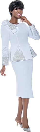 Terramina <br> (Spring 2026) <br> T7108 <br> <br> White  <br>  Black <br> 8 10 12 14 16 18 20 22 <br> 2 Piece Skirt Suit in Scuba fabric with� Bow Accent & Rhinestones in Peplum Style