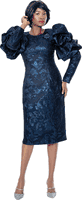 Terramina <br> (Spring 2026) <br> T7325-NA <br> <br> Navy <br> 8 10 12 14 16 18 20 22 <br> 1 Piece Dress in Jacquard  with balloon Puff Sleeves