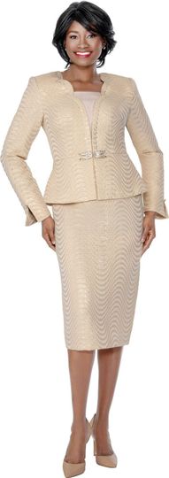 Terramina <br> (Spring 2026) <br> T7344-GO <br> <br> Gold <br> 8 10 12 14 16 18 20 22 <br> 3 Piece Skirt Suit with rhinestone trim Jacket with rhinestone trims & rhinestone brooch Jacket closure