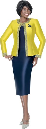 Terramina <br> (Spring 2026) <br> T7638-CI <br> <br> Citron <br> 8 10 12 14 16 18 20 22 24 <br> 3 Piece Skirt Suit Color block Design