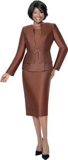 Terramina <br> (Spring 2026) <br> T7990 <br> <br> Brown  <br>   White  <br>  Black  <br>  Gold <br> 8 10 12 14 16 18 20 22 24 <br> 3 Piece Skirt Suit in Light Silk Look with Peplum Jacket & Rhinestone Clasp Closure