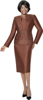 Terramina <br> (Year Round) <br> T7990-BR <br> <br> Brown <br> 8 10 12 14 16 18 20 22 24 <br> 3 Piece Skirt Suit in Light Silk Look with Peplum Jacket & Rhinestone Clasp Closure