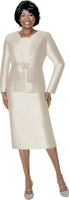 Terramina <br> (Spring 2026) <br> T7990-CH <br> <br> Champagne <br> 8 10 12 14 16 18 20 22 24 <br> 3 Piece Skirt Suit in Light Silk Look with Peplum Jacket & Rhinestone Clasp Closure