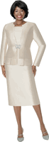 Terramina <br> (Year Round) <br> T7990-CH <br> <br> Champagne <br> 8 10 12 14 16 18 20 22 24 <br> 3 Piece Skirt Suit in Light Silk Look with Peplum Jacket & Rhinestone Clasp Closure