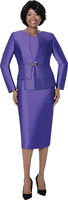 Terramina <br> (Spring 2026) <br> T7990-PU <br> <br> Purple <br> 8 10 12 14 16 18 20 22 24 <br> 3 Piece Skirt Suit in Light Silk Look with Peplum Jacket & Rhinestone Clasp Closure
