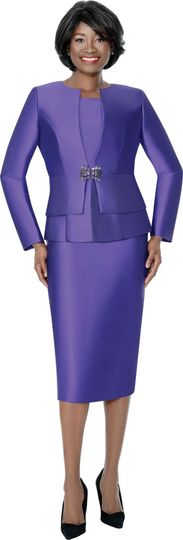 Terramina <br> (Spring 2026) <br> T7990-PU <br> <br> Purple <br> 8 10 12 14 16 18 20 22 24 <br> 3 Piece Skirt Suit in Light Silk Look with Peplum Jacket & Rhinestone Clasp Closure