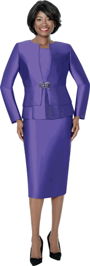 Terramina <br> (Year Round) <br> T7990-PU <br> <br> Purple <br> 8 10 12 14 16 18 20 22 24 <br> 3 Piece Skirt Suit in Light Silk Look with Peplum Jacket & Rhinestone Clasp Closure