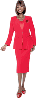 Terramina <br> (Spring 2026) <br> T9001 <br> <br> Red  <br>  Black <br> 8 10 12 14 16 18 20 22 24 <br> 3 Piece Skirt Suit with One Jeweled Button Jacket & Jeweled Brooch Embellishment in Peach Skin Fabric