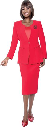 Terramina <br> (Spring 2026) <br> T9001 <br> <br> Red  <br>  Black <br> 8 10 12 14 16 18 20 22 24 <br> 3 Piece Skirt Suit with One Jeweled Button Jacket & Jeweled Brooch Embellishment in Peach Skin Fabric