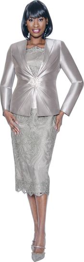 Terramina <br> (Spring 2026) <br> T7817 <br> <br> Silver  <br>  Black  <br>  Royal-Blue <br>   Champagne   <br>  White <br> 8 10 12 14 16 18 20 22 24 <br> 3 Piece Skirt Suit in Lace & Satin