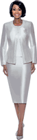 Terramina <br> (Spring 2026) <br> T7637-SI <br> <br> Silver  <br> 8 10 12 14 16 18 20 22 24 <br> 3 Piece Skirt Suit with Rhinestone Embellishment on Jacket & Rhinestone Brooch