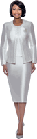 Terramina <br> (Year Round) <br> T7637-SI <br> <br> Silver  <br> 8 10 12 14 16 18 20 22 24 <br> 3 Piece Skirt Suit with Rhinestone Embellishment on Jacket & Rhinestone Brooch
