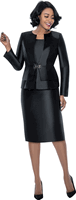 Terramina <br> (Year Round) <br> T7990-BL <br> <br> Black <br> 8 10 12 14 16 18 20 22 24 <br> 3 Piece Skirt Suit in Light Silk Look with Peplum Jacket & Rhinestone Clasp Closure